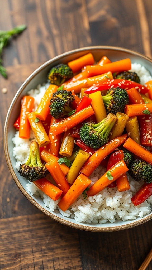 Crispy Air Fryer Vegetable Stir-Fry Crispy air fryer vegetable stir-fry with bell peppers, broccoli, and carrots over rice, garnished with sesame seeds.